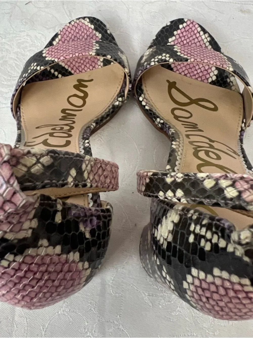Sam Edelman Yaro Sandals Snakeskin 4” Block Heel Ankle Strap Black Pink Purple 7